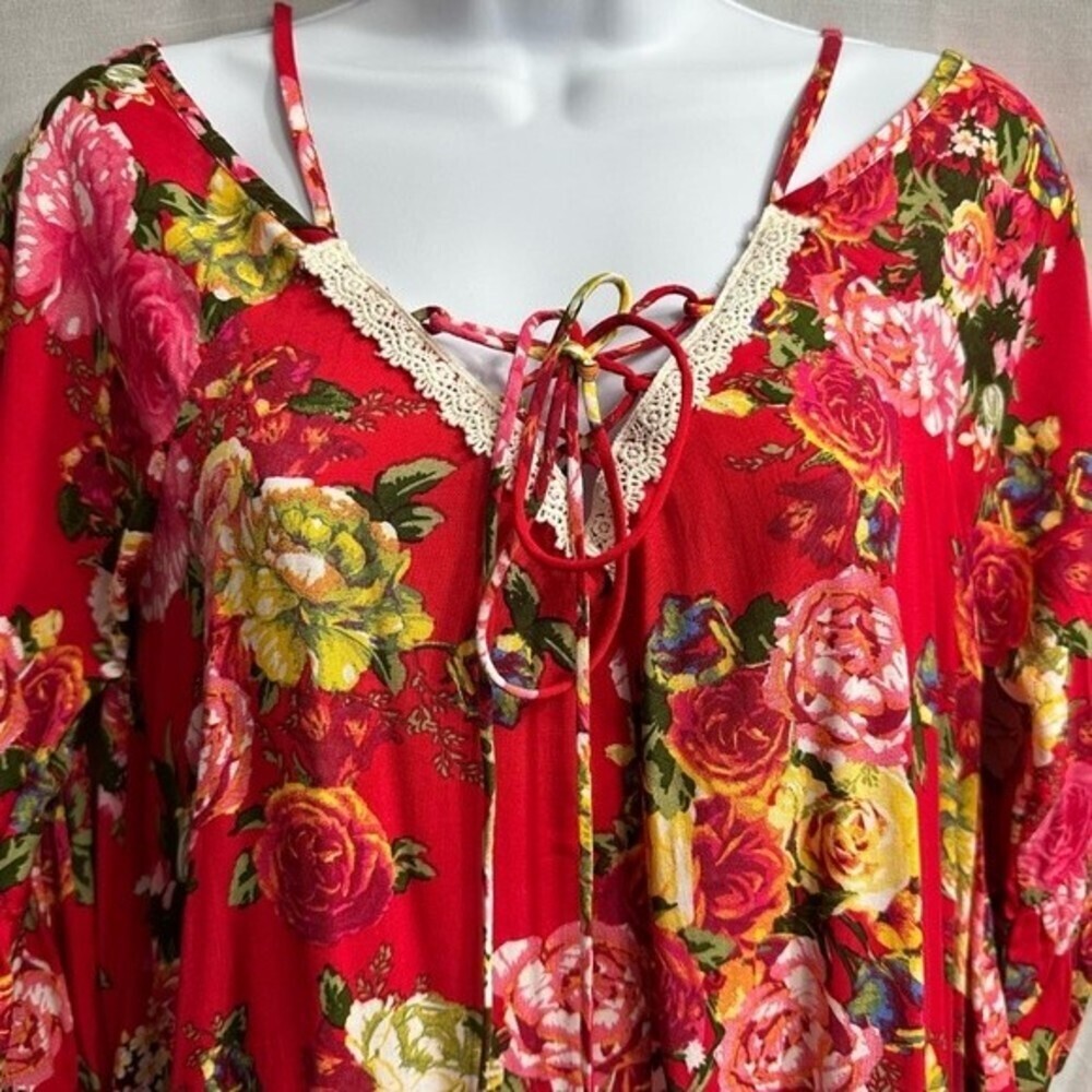 Umgee Floral Boho Top Size Large Blouse Cottagecore Lace Hem Flowy Women’s Top - Picture 10 of 16